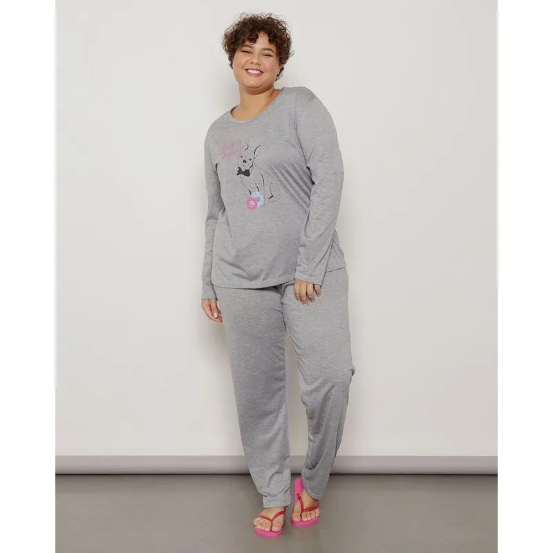Pijama Plus SIze Feminino Manga Longa Com Estampa Cinza 50