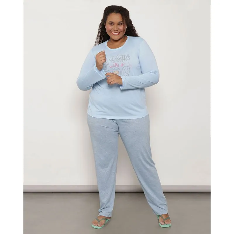 Pijama Plus Size Feminino Manga Longa Estampa Azul 48