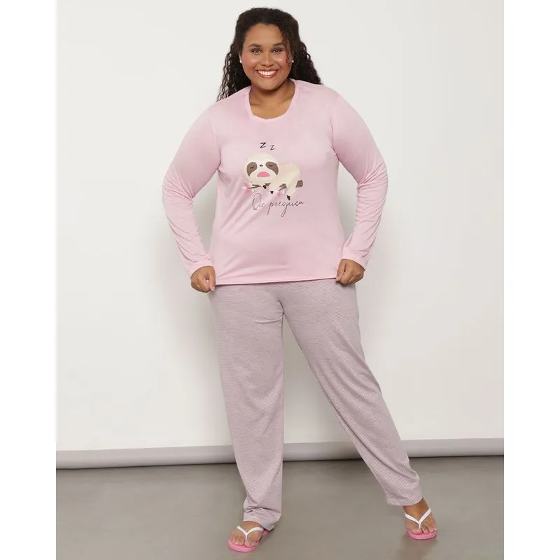 Pijama Plus Size Feminino Manga Longa Estampa Rosa 52