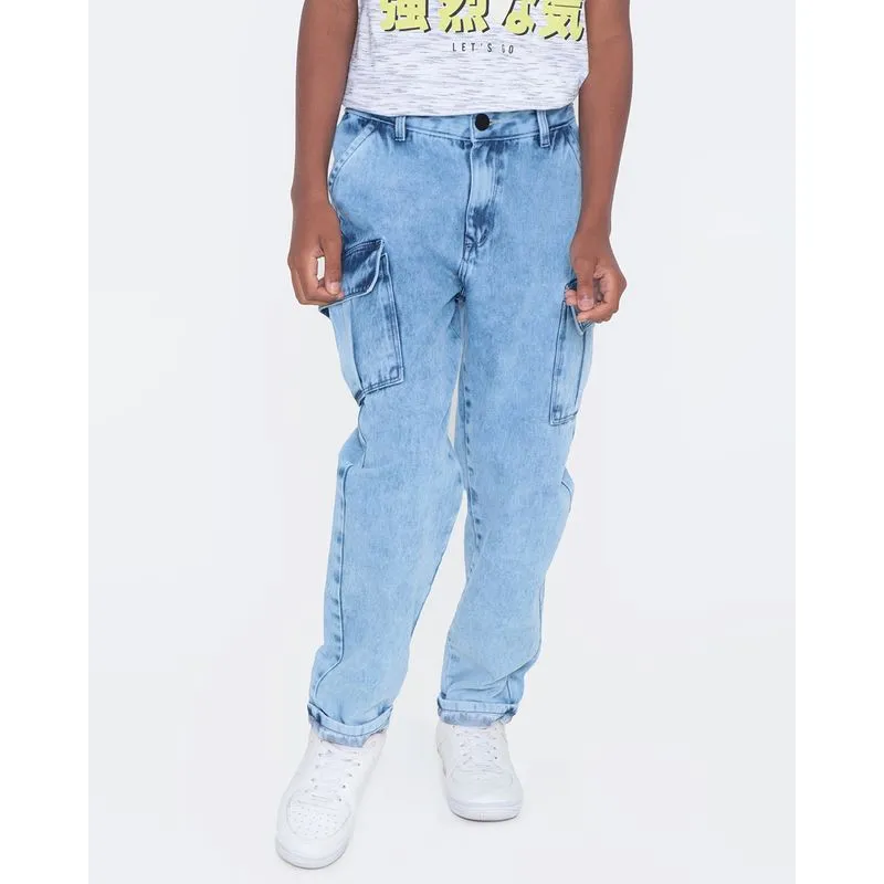 Calça Jeans Juvenil Bolso Cargo Estonada Azul Claro 10