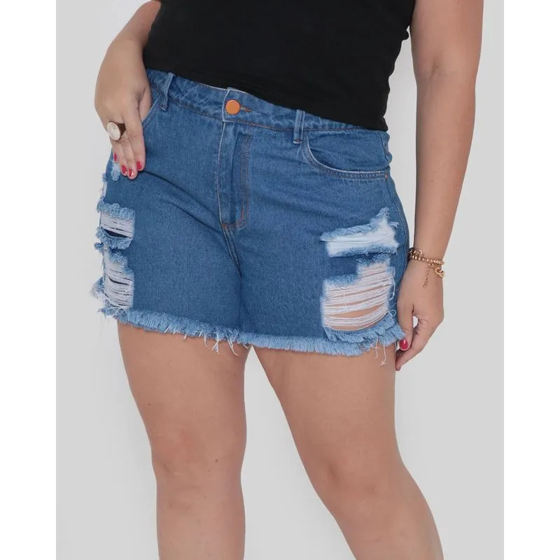 Short Plus Size Feminino Destroyed Azul 50