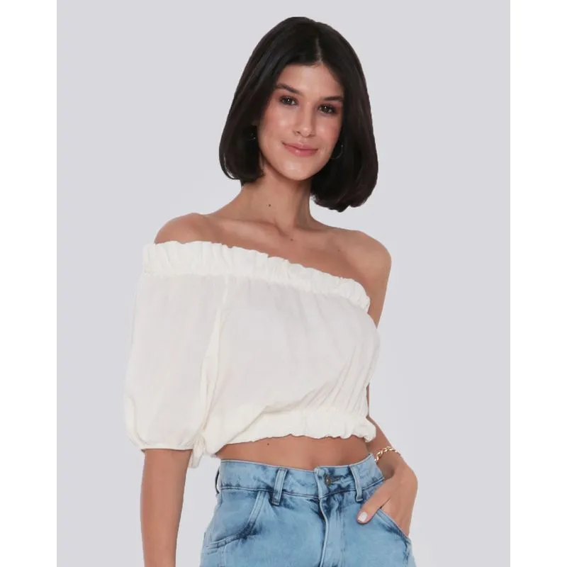 Blusa Feminina Viscose Cropped Um Ombro Só Off White G