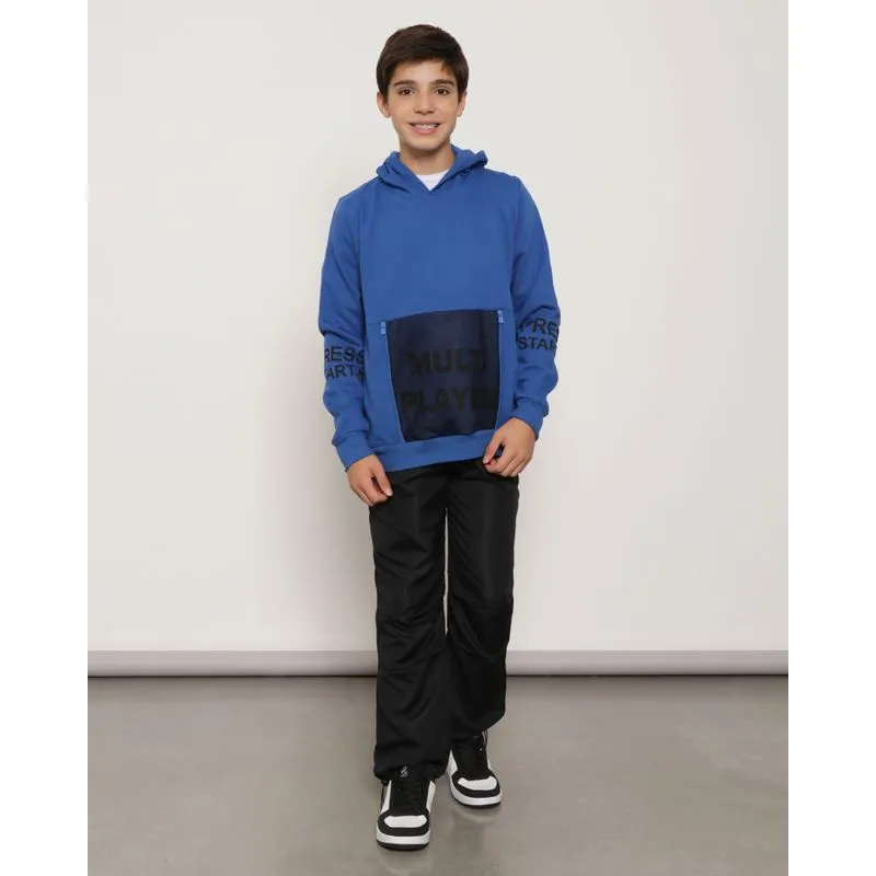 Blusão Moletom Juvenil Com Capuz E Bolso Telado Azul 12