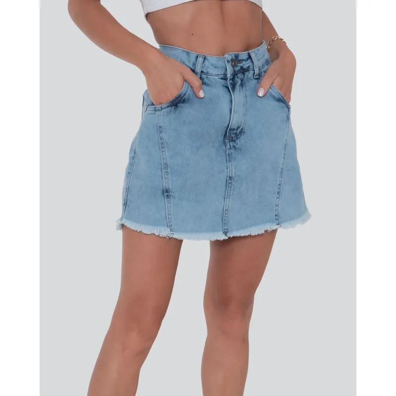 Short Saia Jeans Feminino Barra Desfiada Azul 40