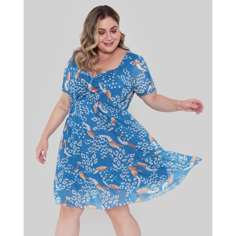 Vestido Curto Plus Size Tule Estampado Azul G2