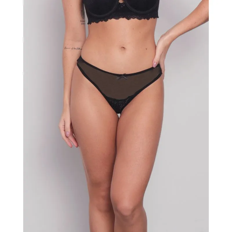 Calcinha Feminina Fio Dental Tule e Renda Preta M