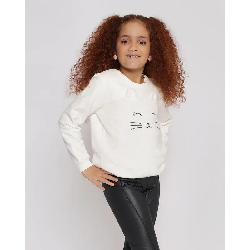 Blusão Moletom Infantil Gatinho Peluciado Off White 8