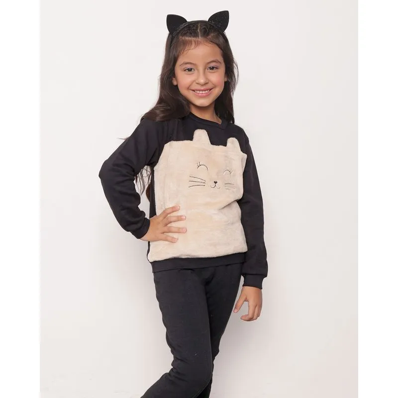 Blusão Moletom Infantil Gatinho Pelúcido Com Brinde Preto 4
