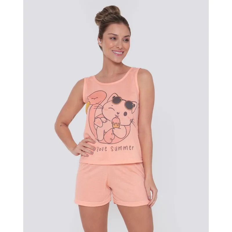 Pijama Feminino Regata Estampa Gatinho Laranja M