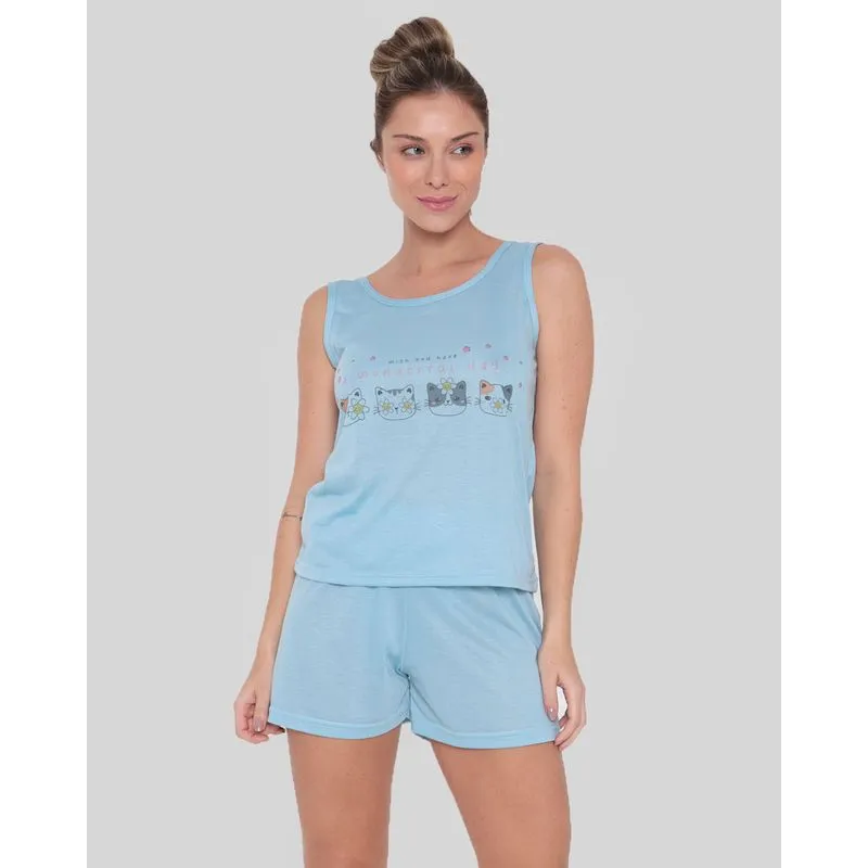 Pijama Feminino Alcinha Estampa Gatinho Azul GG