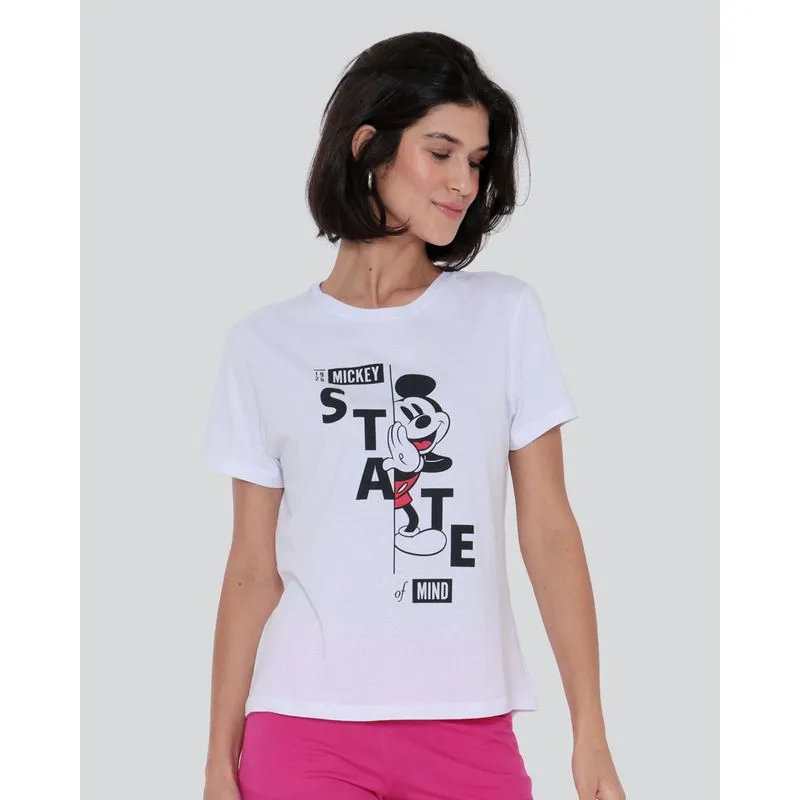 Camiseta Feminina Algodão Disney Mickey Manga Curta Branca G
