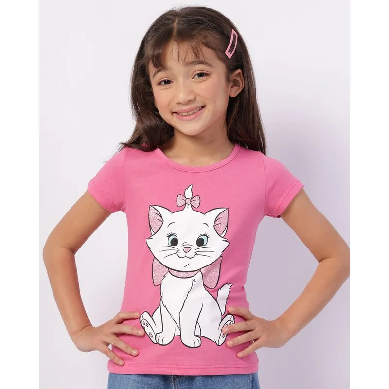 Camiseta Infantil Algodão Disney Marie com Glitter Rosa 6