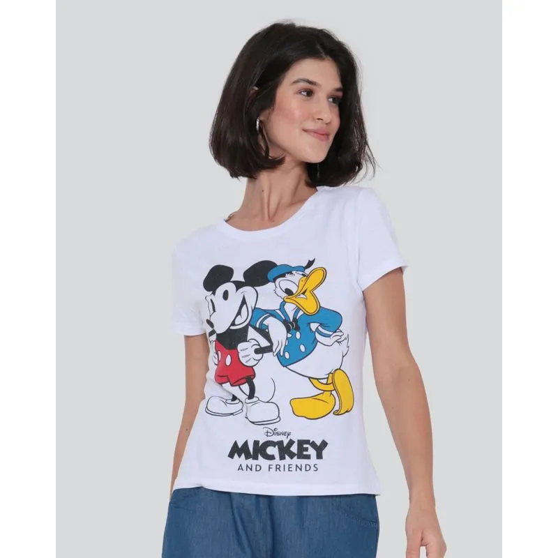 Camiseta Feminina Algodão Disney Mickey e Donald Branca G