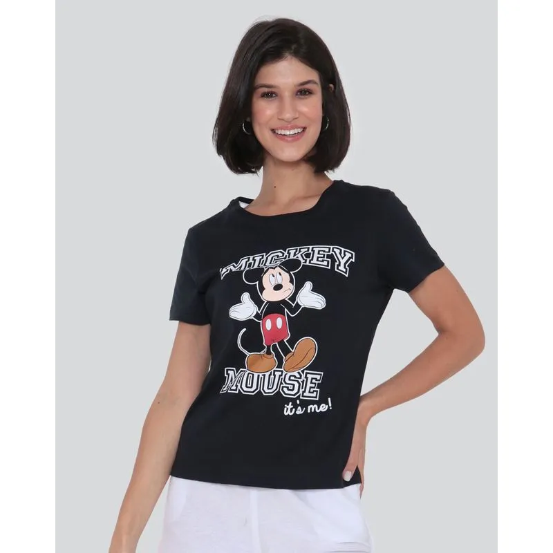Camiseta Feminina Algodão Disney Mickey Manga Curta Preta G
