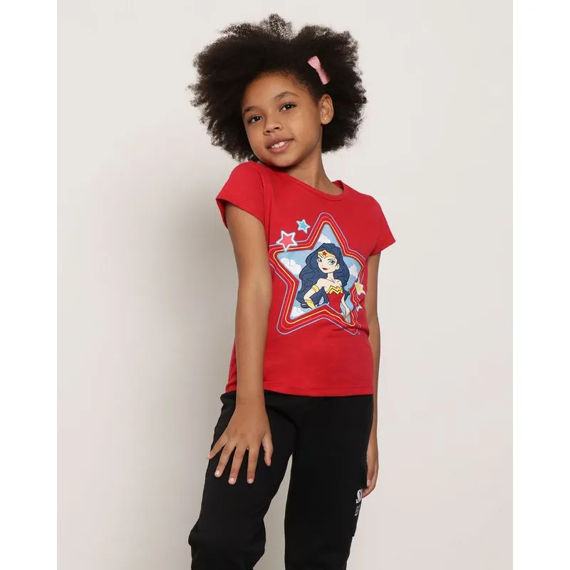 Blusa Infantil Manga Curta Estampa Mulher Maravilha Vermelha 6