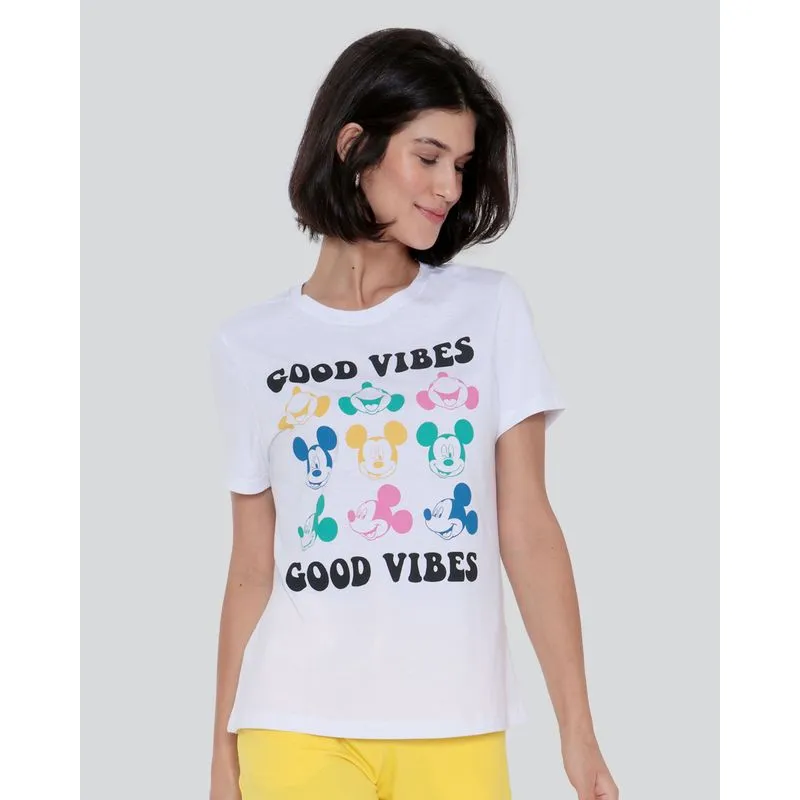 Camiseta Feminina Algodão Disney Mickey Manga Curta Branca P