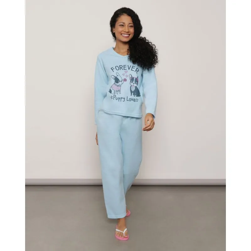 Pijama Feminino Longo Soft Estampa Cachorrinhos Azul P