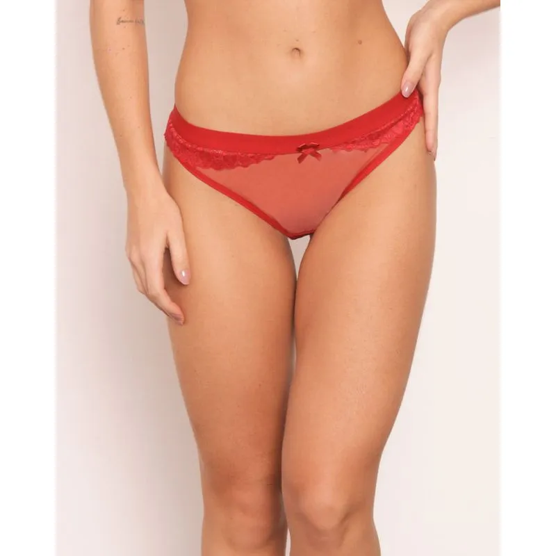 Calcinha Feminina Fio Dental Tule e Renda Vermelha P