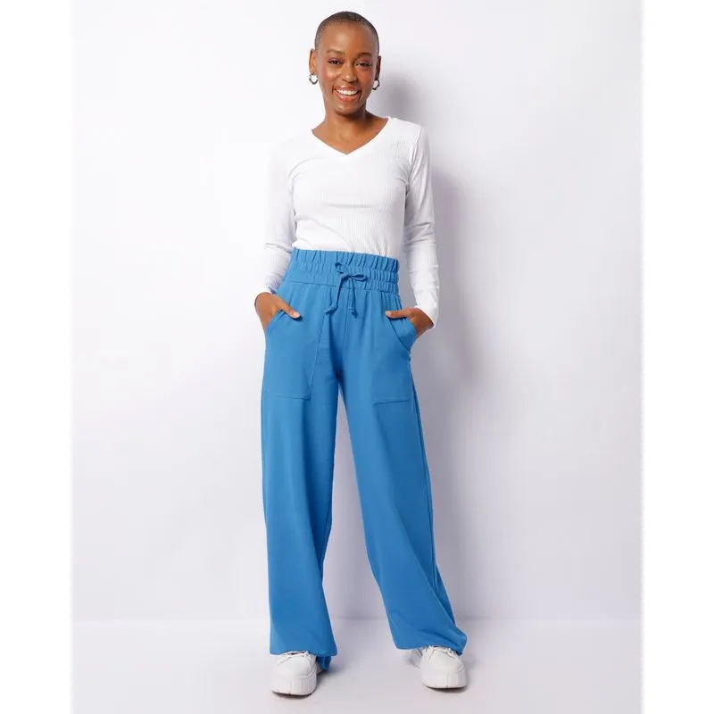 Calça Feminina Moletinho Wide Leg Com Bolsos Azul M