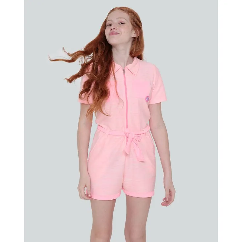 Macaquinho Juvenil Bolsos Rosa Neon 14