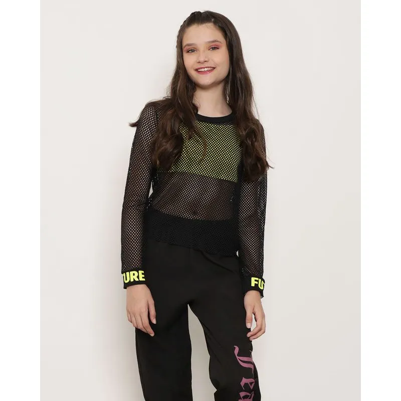 Blusa Juvenil Malha Telada Com Cropped Verde Neon Preta 10