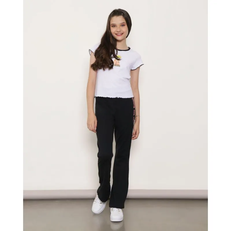 Calça Juvenil Flare Canelada Estampada Preta 16