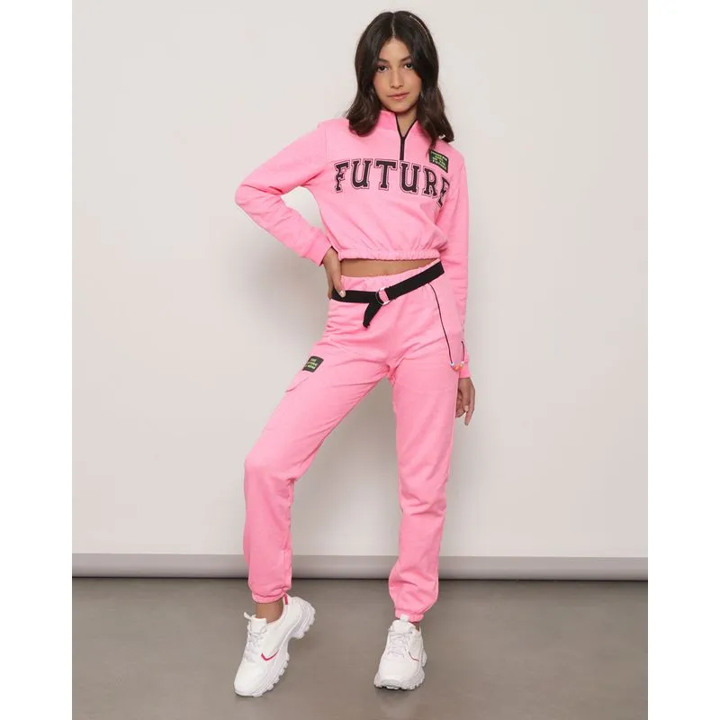 Calça Moletom Juvenil Jogger Cargo Rosa 14