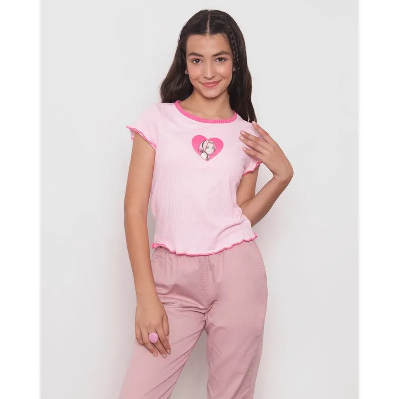 Blusa Juvenil Manga Curta Frufru Sakura Canelada Rosa 10