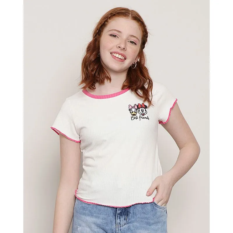 Blusa Juvenil Canelada Disney Bordado Minnie e Margarida Manga Curta Frufru Branca 12