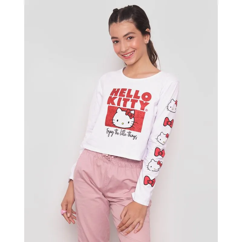 Blusa Juvenil Cropped Manga Longa Hello Kitty Branca 12