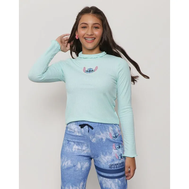 Blusa Juvenil Manga Longa Canelada Estampa Stitch Disney Azul 16