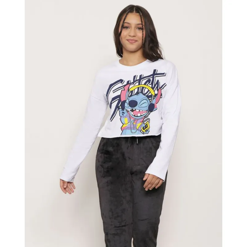 Camiseta Juvenil Algodão Disney Stitch Manga Longa Branca 10