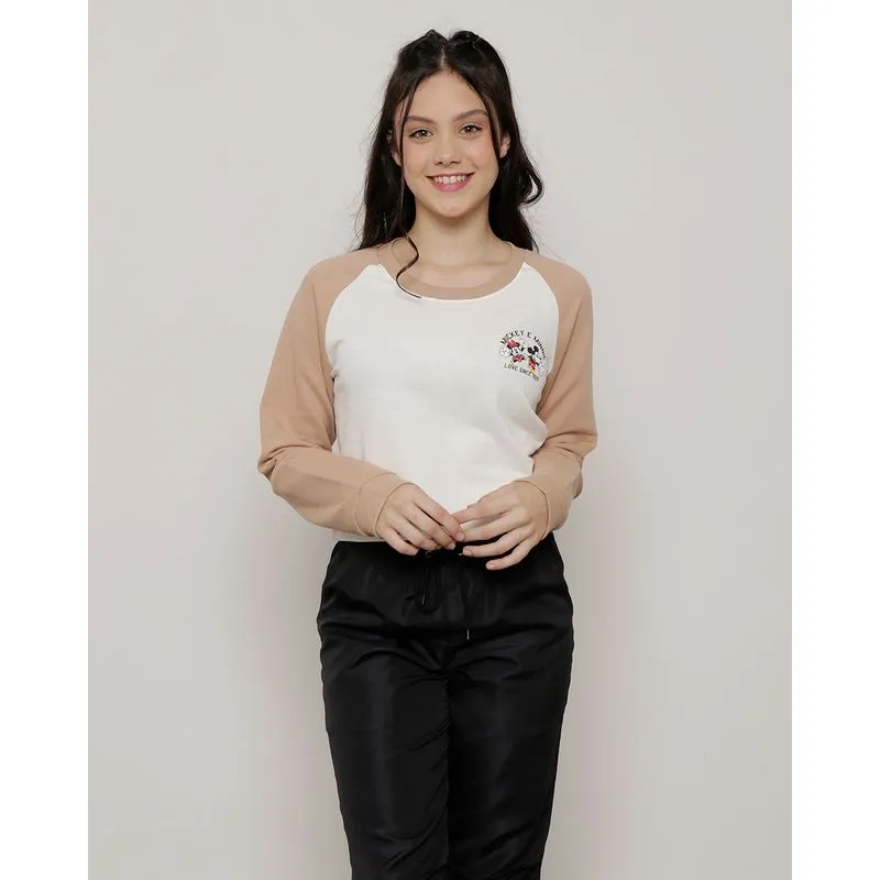 Blusa Moletom Juvenil Estampa Mickey e Minnie Off White 16