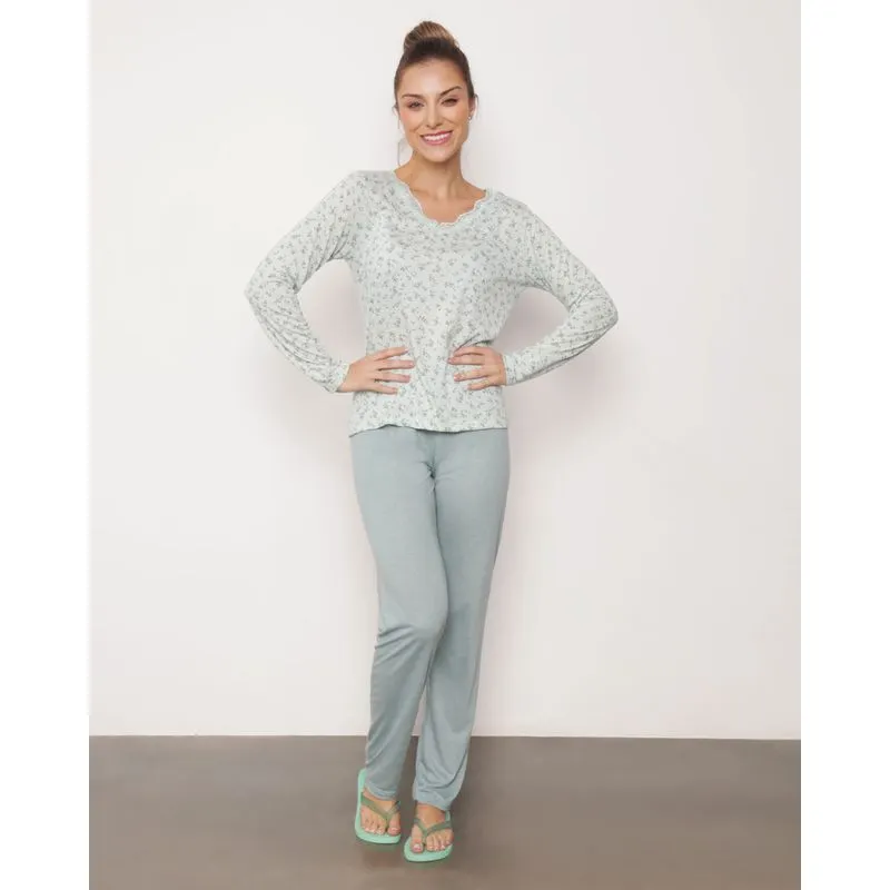 Pijama Feminino Longo Floral Verde M