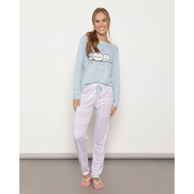 Pijama Feminina Manga Longa Com Calça Xadrez Azul M