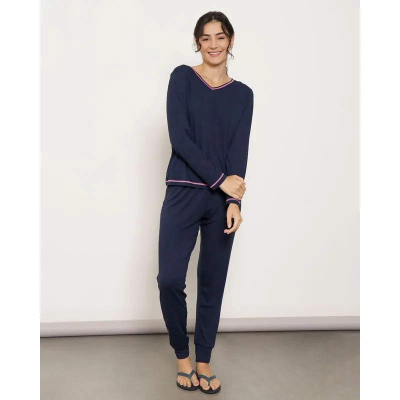 Calça Pijama Feminino Com Punho Marinho G