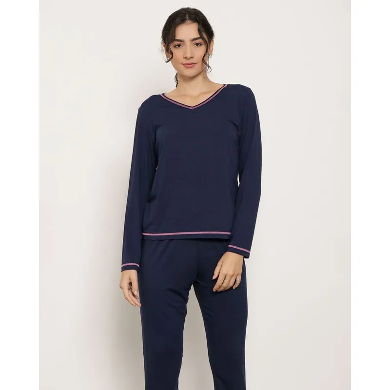 Blusa Pijama Feminino Manga Longa Decote V Marinho M