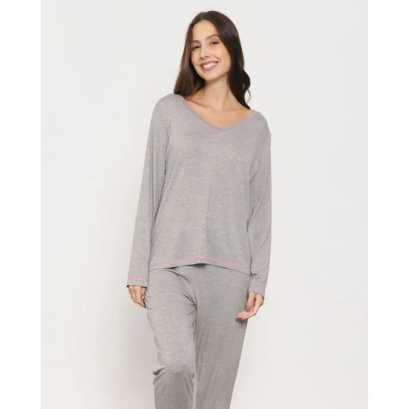 Blusa Pijama Feminino Manga Longa Decote V Cinza M