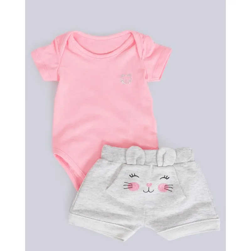 Conjunto Bebê Body Estampa Gatinha Neon Rosa G