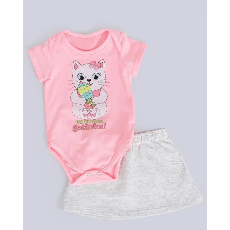 Conjunto Bebê Body Saia Moletinho Neon Rosa P