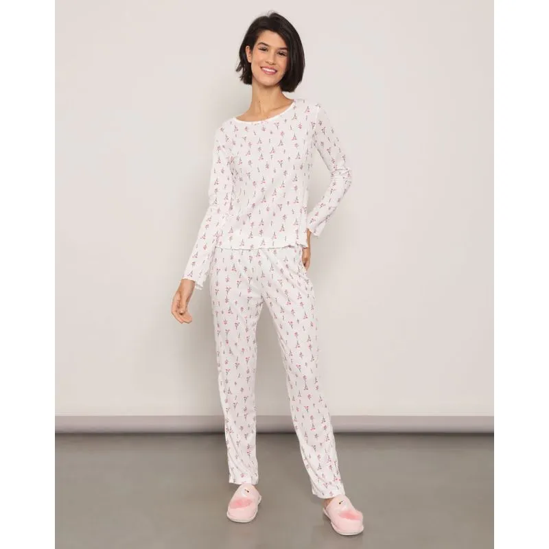 Pijama Feminino Longo Canelado Estampa Floral Off White P