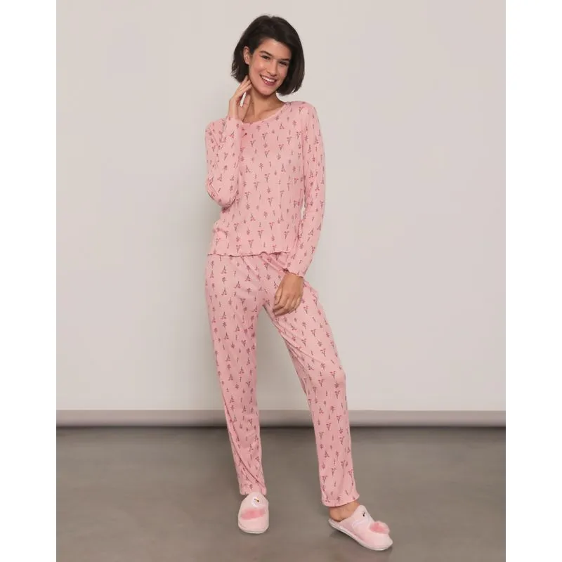 Pijama Feminino Longo Canelado Estampa Floral Rosa GG