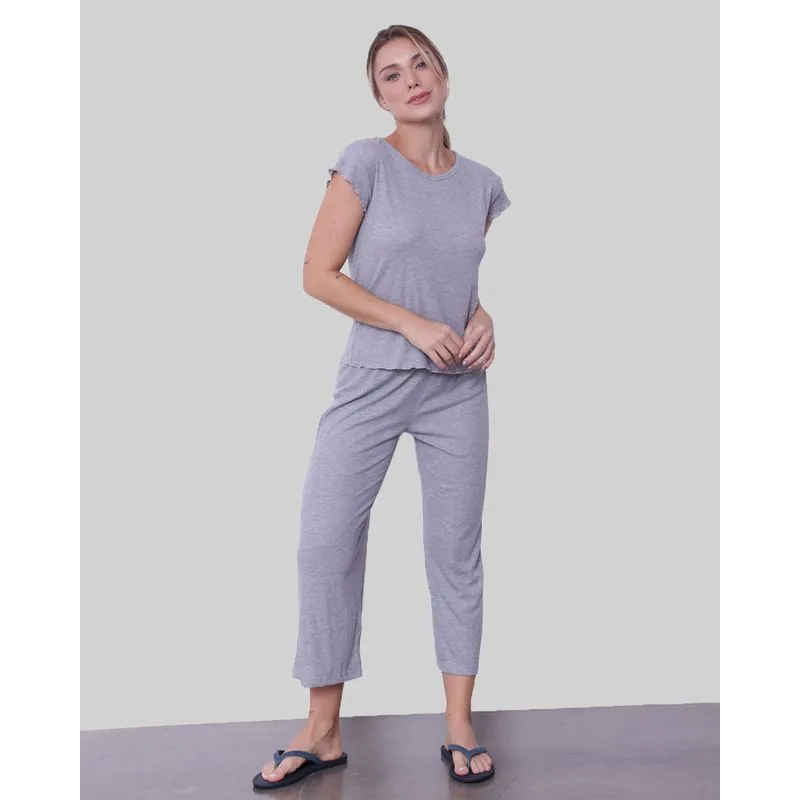 Pijama Feminino Pantacourt Canelado Cinza P