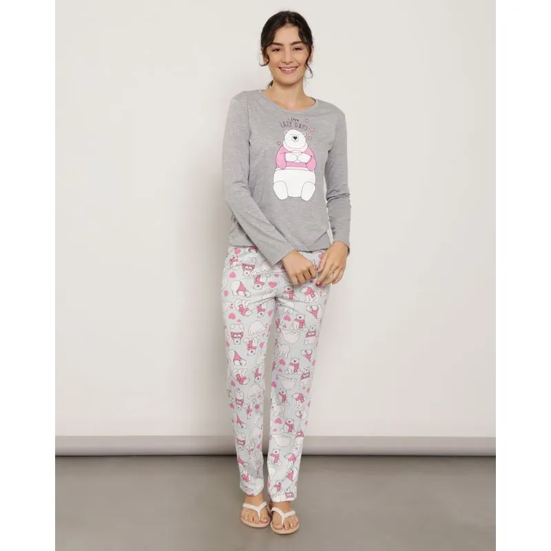 Pijama Feminino Estampado Manga Longa Ursinho Cinza Claro G