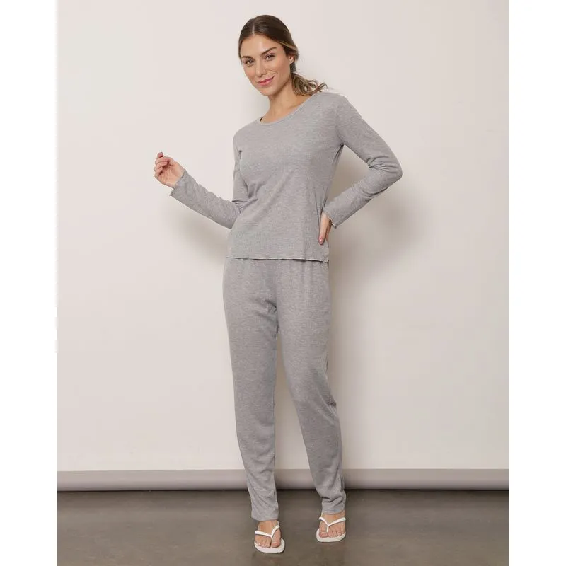 Pijama Feminino Longo Manga Longa Frufru Canelado Cinza P