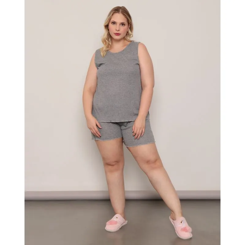 Pijama Feminino Plus Size Regata Canelado Cinza Claro 52