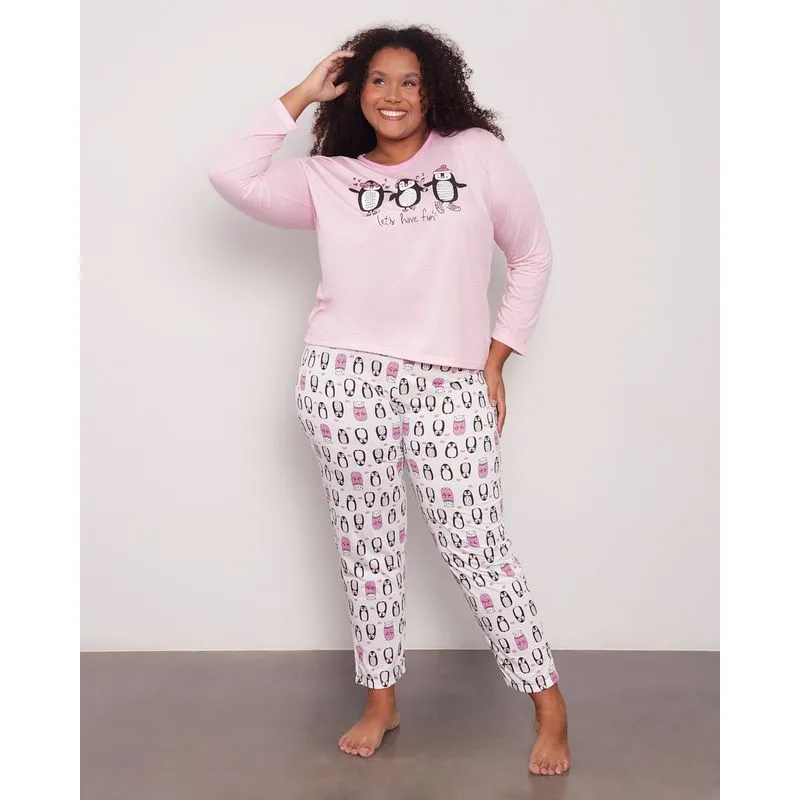 Pijama Feminino Plus Size Manga Longa Estampa Pinguim Rosa 52