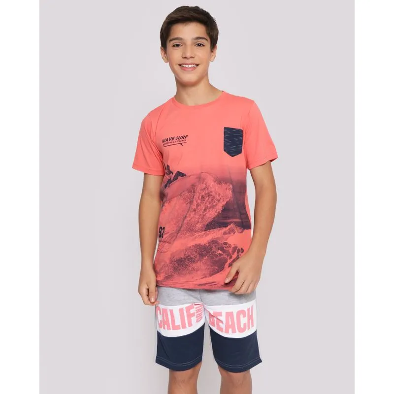 Camiseta Juvenil Manga Curta Bolso Único Com Estampa Surf Laranja 14