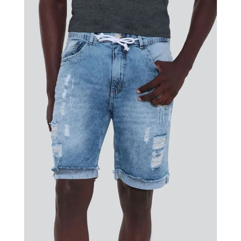 Bermuda Jeans Masculina Destroyed Barra Dobrada Azul 48