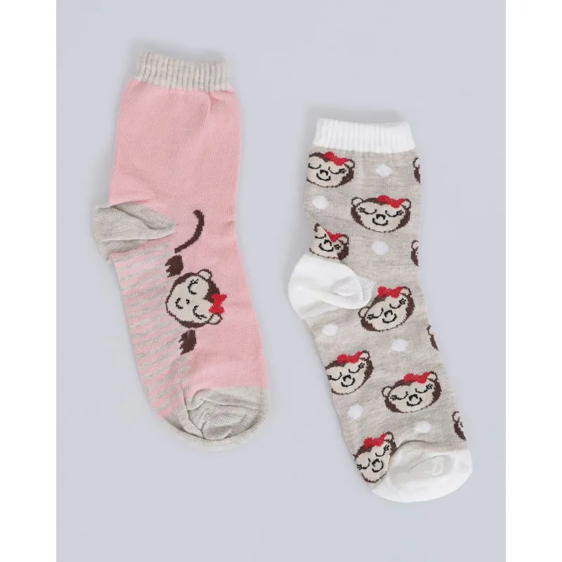 Kit Meia 2 Pares Infantil Estampa Macaquinha Cano Alto Bege Rosa 26 A 29